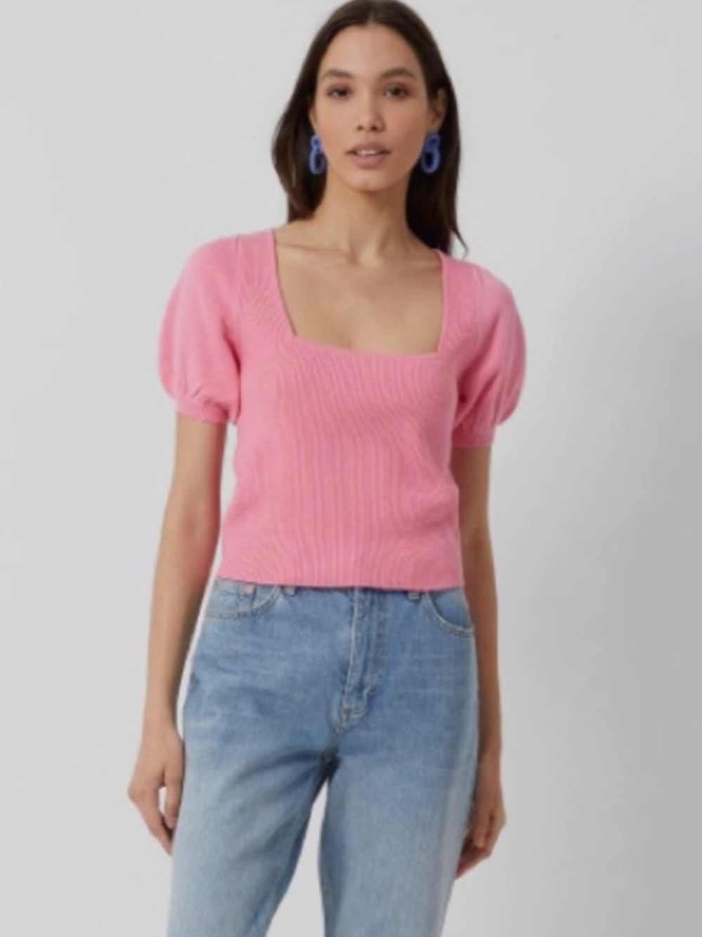 French Connection Jaida Pink Square Neck Short Sleeve Sweater NWT Large Wool